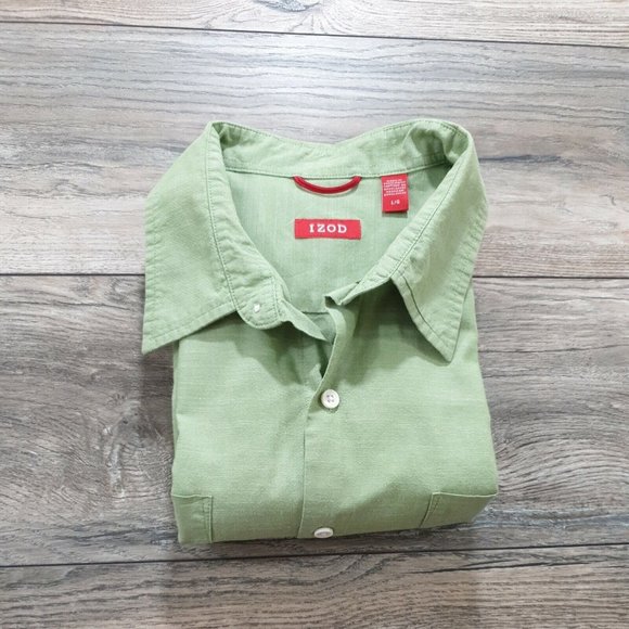 Izod Mens Large Short Sleeve Shirt Office Casual Dress Green Vacation Sport - Picture 9 of 9